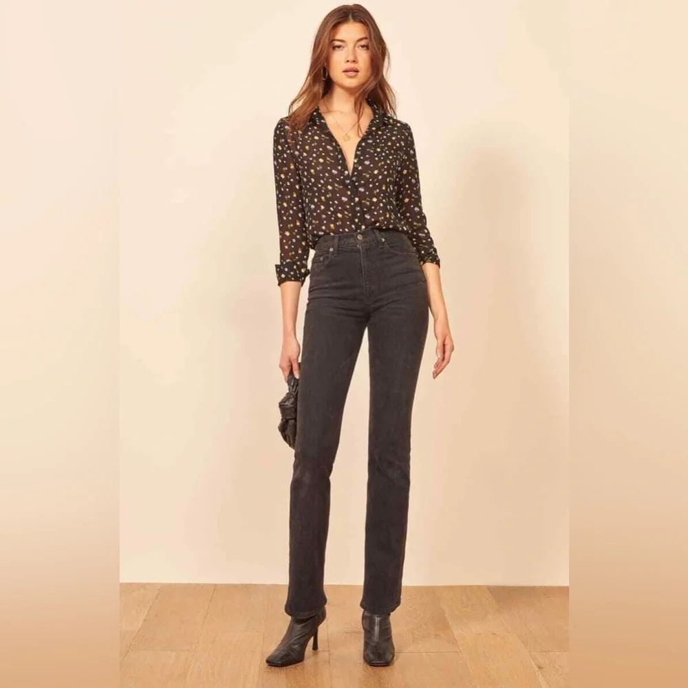 Reformation Blue Floral Print Button Down Long Sleeve Chiffon Shirt, Size XS - Picture 4 of 13